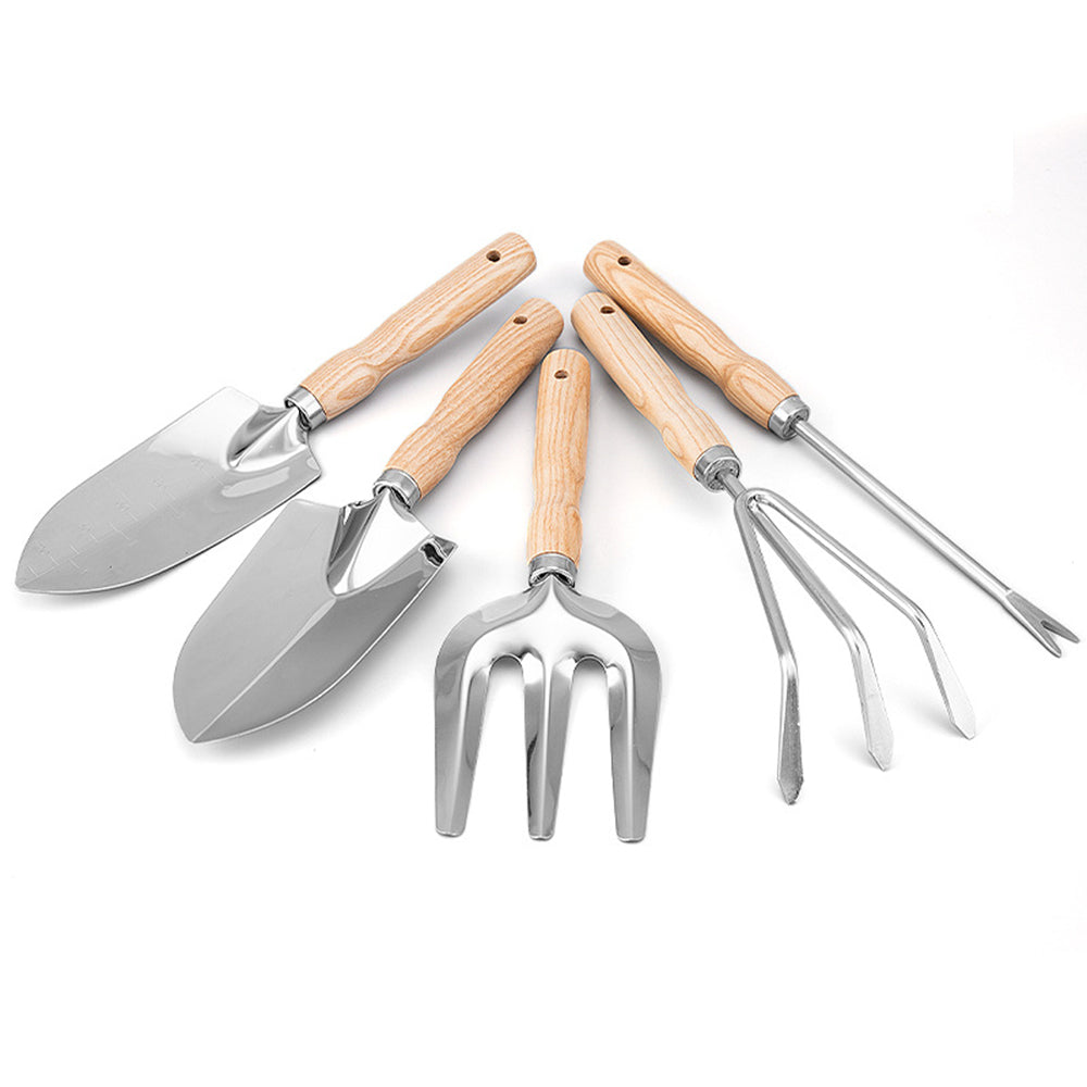 5Pcs Stainless Steel Gardening Tool Wooden Handle Fork Shovel Rake Set 5Pcs Stainless Steel Gardening Tool Wooden Handle Fork Shovel Rake Set